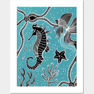 Aqua and Black Sea Life Posters and Art